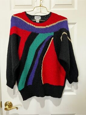 Vintage Koret Multicolor Abstract Knit Sweater Acrylic Blend Size XL Black Red